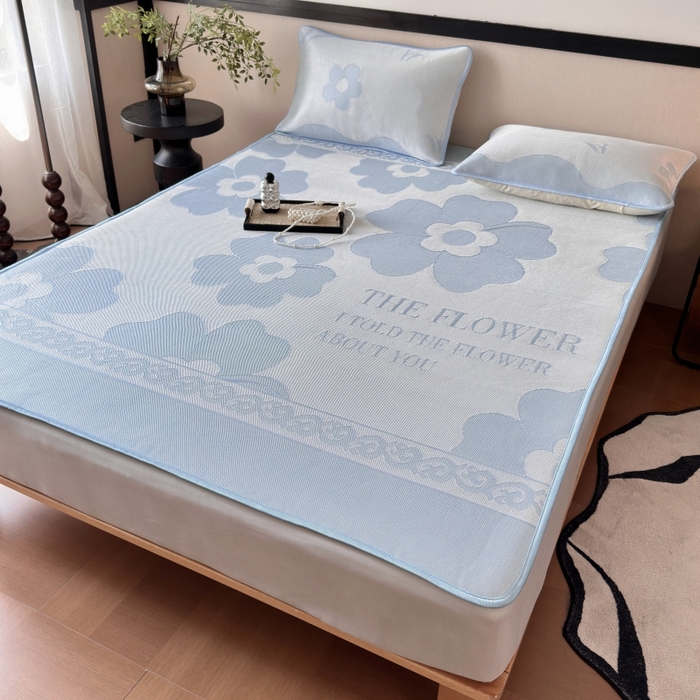 91家纺网 家纺一手货源 找家纺 乐居家纺 2025新款A类碳光抗菌凉感可水洗冰丝凉席席子床笠款 冰花-蓝