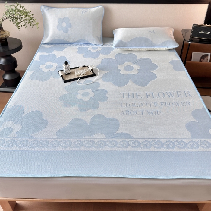 91家纺网 家纺一手货源 找家纺 乐居家纺 2025新款A类碳光抗菌凉感可水洗冰丝凉席席子床笠款 冰花-蓝