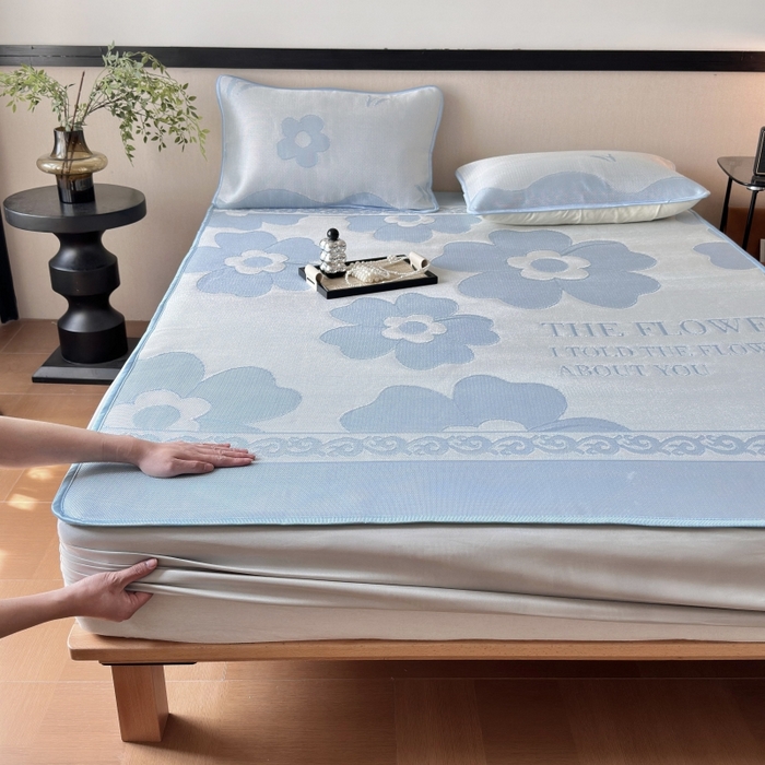 91家纺网 家纺一手货源 找家纺 乐居家纺 2025新款A类碳光抗菌凉感可水洗冰丝凉席席子床笠款 冰花-蓝