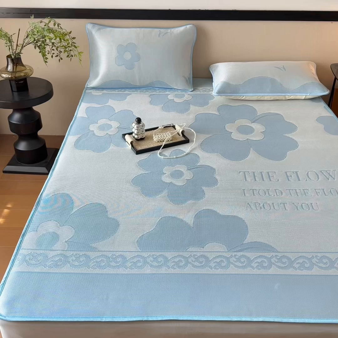 91家纺网 家纺一手货源 找家纺 乐居家纺 2025新款A类碳光抗菌凉感可水洗冰丝凉席席子床笠款 冰花-蓝