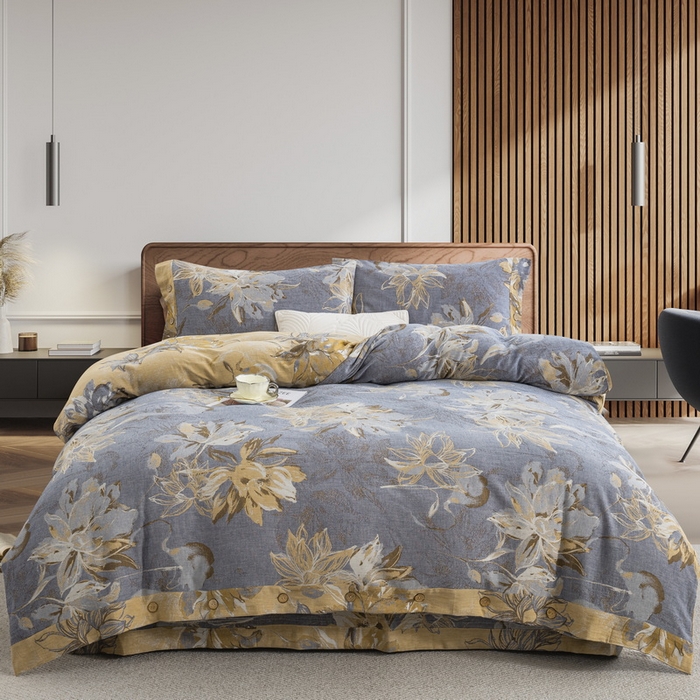 2025新款全棉色织双层纱纽扣款四件套 韶华-灰