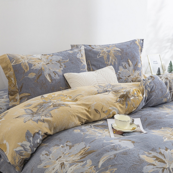 91家纺网 家纺一手货源 找家纺 2025新款全棉色织双层纱纽扣款四件套 韶华-灰