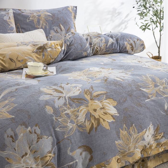 91家纺网 家纺一手货源 找家纺 2025新款全棉色织双层纱纽扣款四件套 韶华-灰