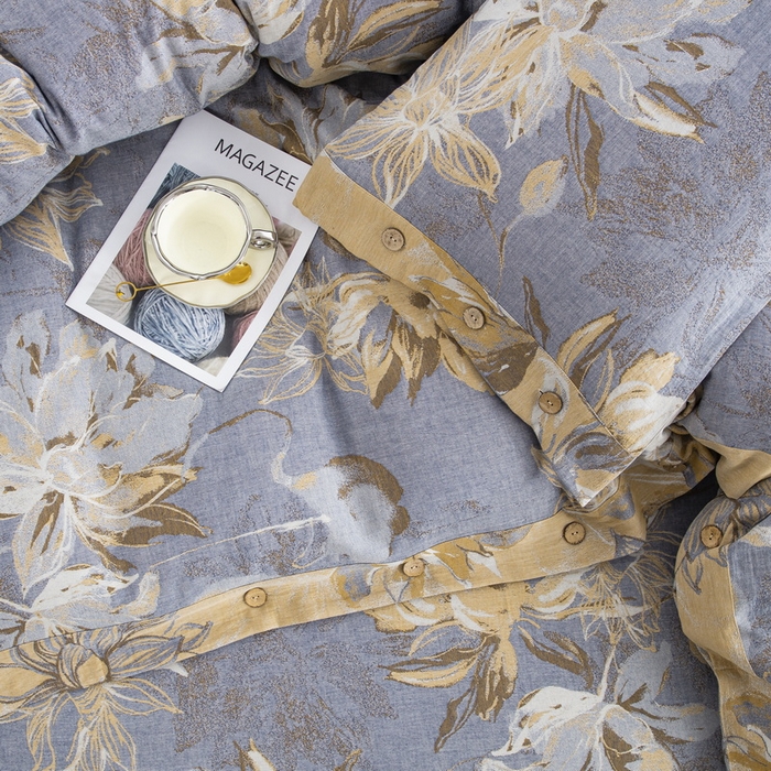 91家纺网 家纺一手货源 找家纺 2025新款全棉色织双层纱纽扣款四件套 韶华-灰