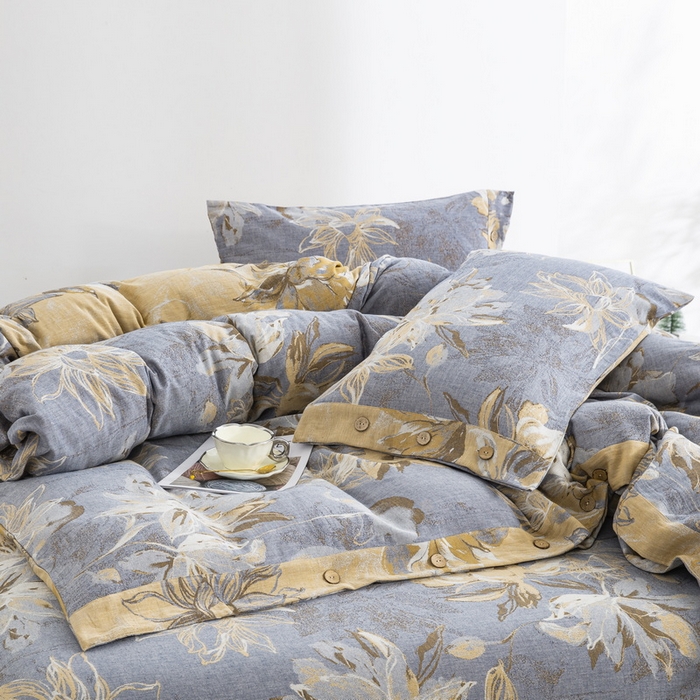 91家纺网 家纺一手货源 找家纺 2025新款全棉色织双层纱纽扣款四件套 韶华-灰