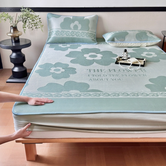 91家纺网 家纺一手货源 找家纺 乐居家纺 2025新款A类碳光抗菌凉感可水洗冰丝凉席席子床笠款 冰花-绿