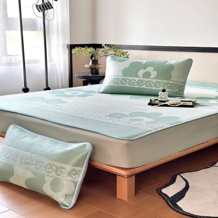 91家纺网 家纺一手货源 找家纺 乐居家纺 2025新款A类碳光抗菌凉感可水洗冰丝凉席席子床笠款 冰花-绿