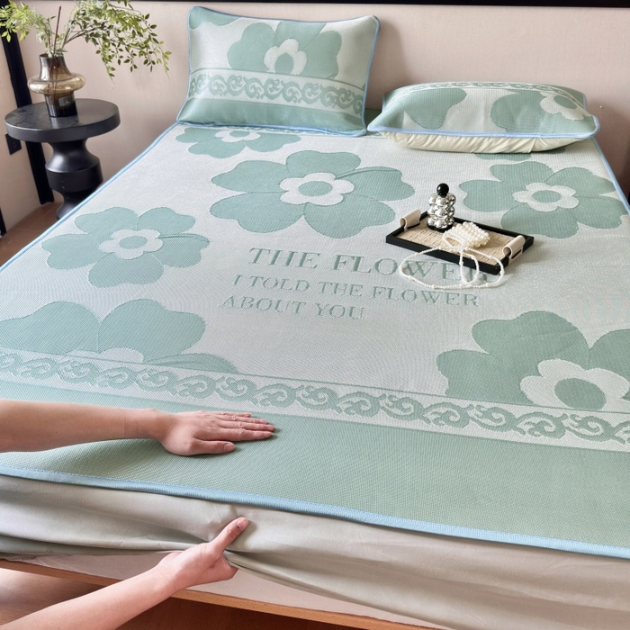 91家纺网 家纺一手货源 找家纺 乐居家纺 2025新款A类碳光抗菌凉感可水洗冰丝凉席席子床笠款 冰花-绿