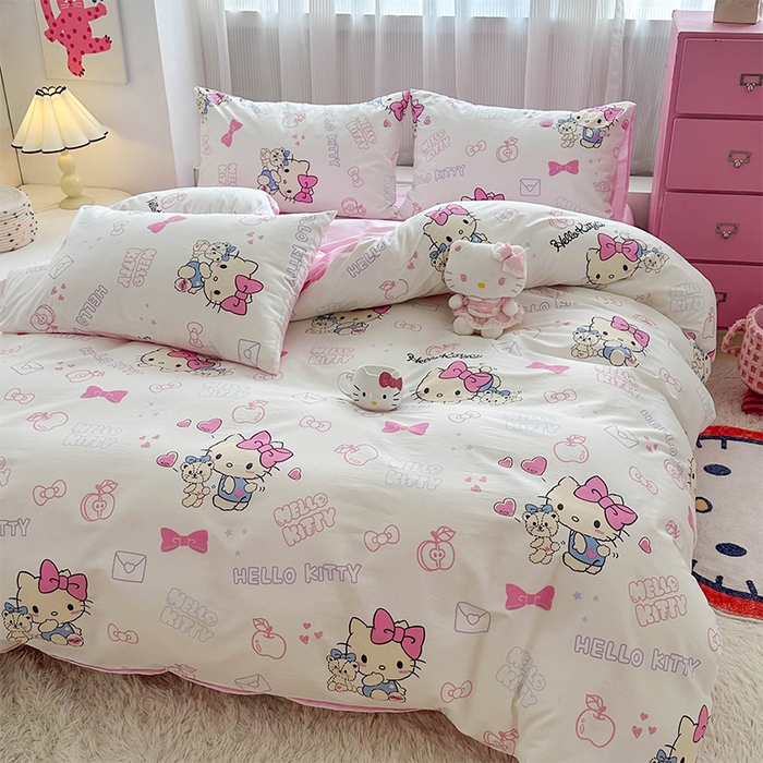 91家纺网 家纺一手货源 找家纺 玉元坊 2025年5月新品三丽鸥全棉床单纯棉床裙床笠三四件套简约基础款式-凯蒂猫简约款式 凯蒂小熊【简约款】