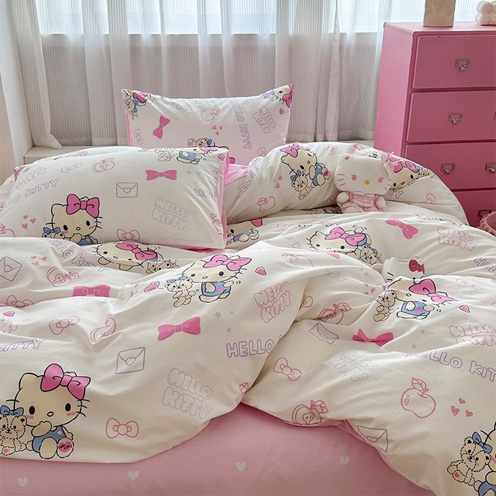 91家纺网 家纺一手货源 找家纺 玉元坊 2025年5月新品三丽鸥全棉床单纯棉床裙床笠三四件套简约基础款式-凯蒂猫简约款式 凯蒂小熊【简约款】