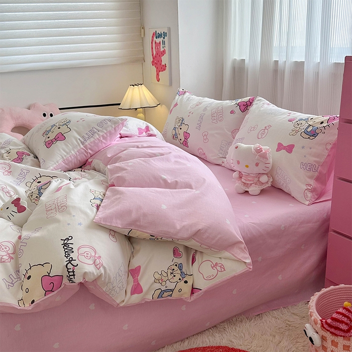 91家纺网 家纺一手货源 找家纺 玉元坊 2025年5月新品三丽鸥全棉床单纯棉床裙床笠三四件套简约基础款式-凯蒂猫简约款式 凯蒂小熊【简约款】