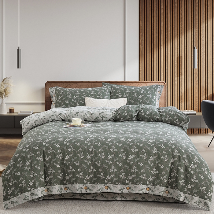 2025新款全棉色织双层纱纽扣款四件套 倾城-绿