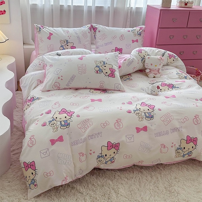 91家纺网 家纺一手货源 找家纺 玉元坊 2025年5月新品三丽鸥全棉床单纯棉床裙床笠三四件套简约基础款式-凯蒂猫简约款式 凯蒂小熊【简约款】