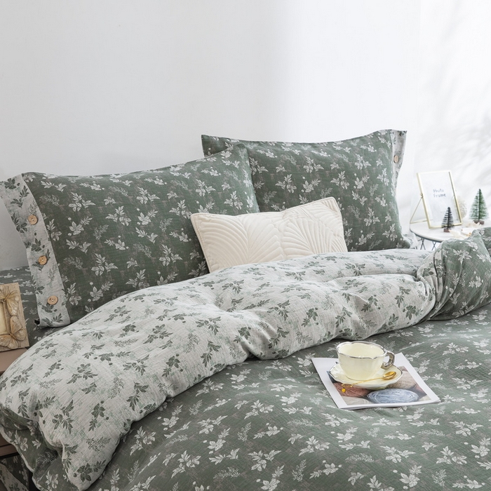 91家纺网 家纺一手货源 找家纺 2025新款全棉色织双层纱纽扣款四件套 倾城-绿