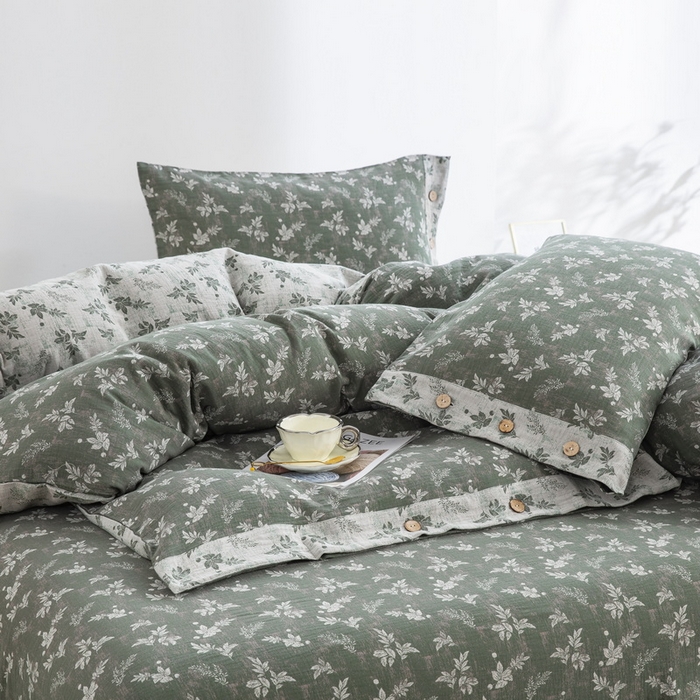 91家纺网 家纺一手货源 找家纺 2025新款全棉色织双层纱纽扣款四件套 倾城-绿