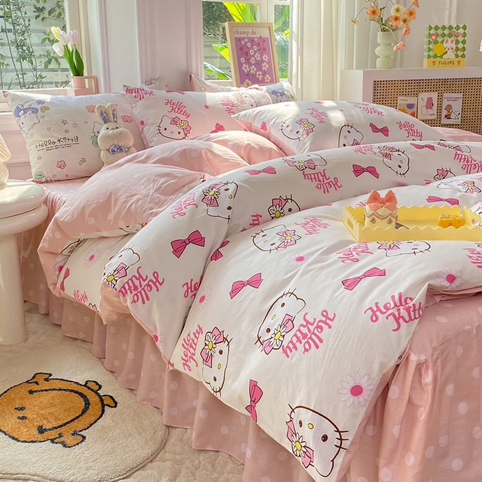 91家纺网 家纺一手货源 找家纺 （总）玉元坊 2025年5月新品三丽鸥全棉床单纯棉床裙床笠三四件套简约基础款式-凯蒂猫简约款式