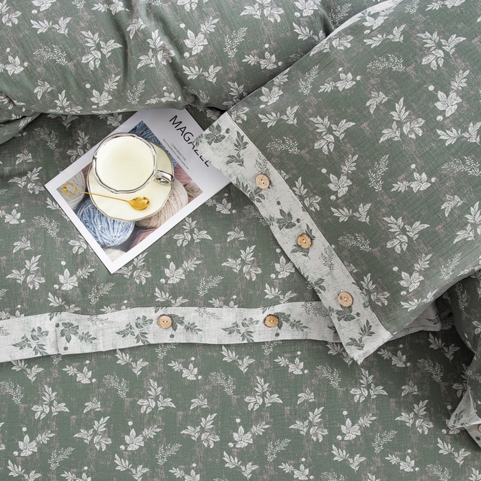 91家纺网 家纺一手货源 找家纺 2025新款全棉色织双层纱纽扣款四件套 倾城-绿