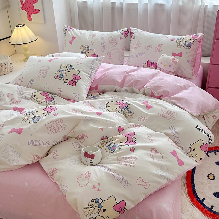 91家纺网 家纺一手货源 找家纺 玉元坊 2025年5月新品三丽鸥全棉床单纯棉床裙床笠三四件套简约基础款式-凯蒂猫简约款式 凯蒂小熊【简约款】