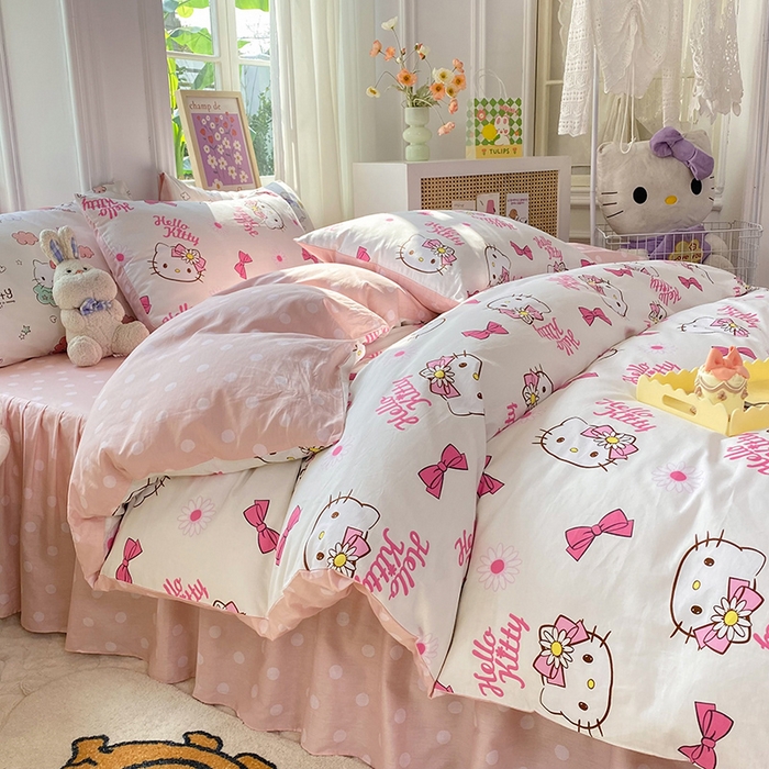 91家纺网 家纺一手货源 找家纺 （总）玉元坊 2025年5月新品三丽鸥全棉床单纯棉床裙床笠三四件套简约基础款式-凯蒂猫简约款式