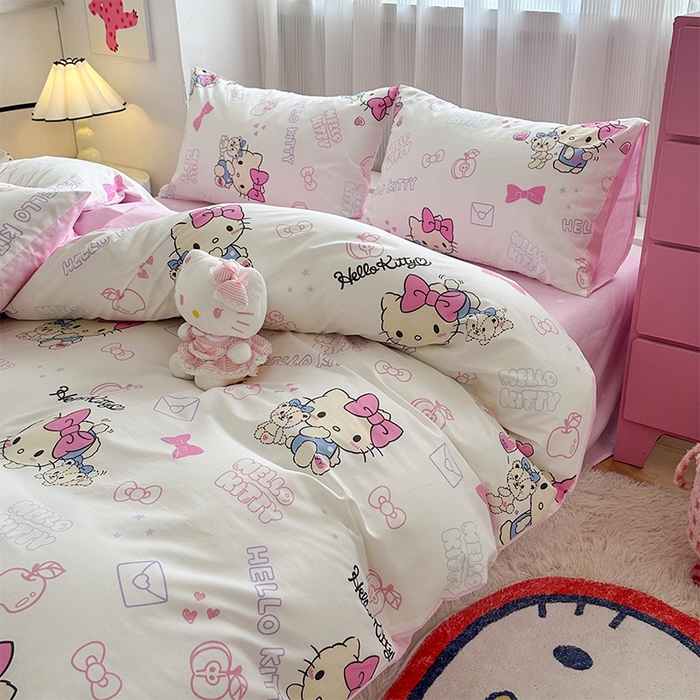 91家纺网 家纺一手货源 找家纺 玉元坊 2025年5月新品三丽鸥全棉床单纯棉床裙床笠三四件套简约基础款式-凯蒂猫简约款式 凯蒂小熊【简约款】