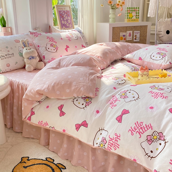 91家纺网 家纺一手货源 找家纺 （总）玉元坊 2025年5月新品三丽鸥全棉床单纯棉床裙床笠三四件套简约基础款式-凯蒂猫简约款式