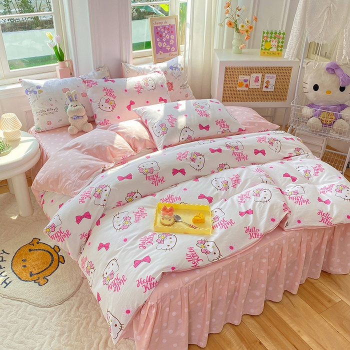 91家纺网 家纺一手货源 找家纺 （总）玉元坊 2025年5月新品三丽鸥全棉床单纯棉床裙床笠三四件套简约基础款式-凯蒂猫简约款式