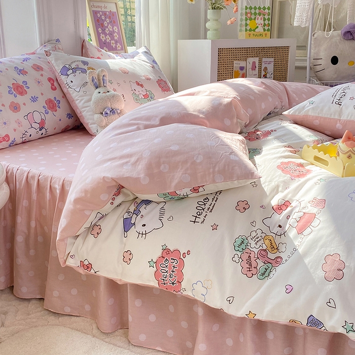 91家纺网 家纺一手货源 找家纺 玉元坊 2025年5月新品三丽鸥全棉床单纯棉床裙床笠三四件套简约基础款式-凯蒂猫简约款式 甜心kt【简约款】