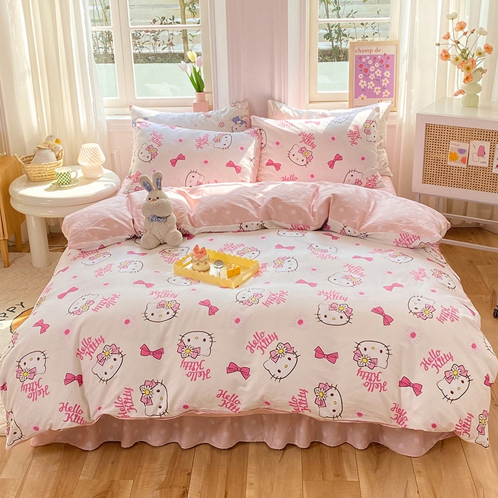 91家纺网 家纺一手货源 找家纺 玉元坊 2025年5月新品三丽鸥全棉床单纯棉床裙床笠三四件套简约基础款式-凯蒂猫简约款式 雏菊kt【简约款】