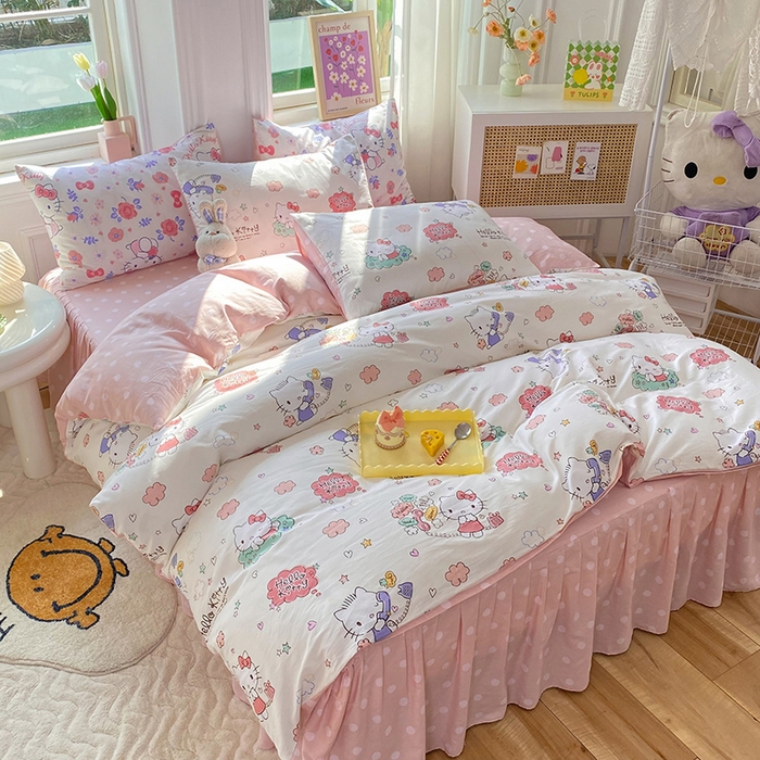 91家纺网 家纺一手货源 找家纺 玉元坊 2025年5月新品三丽鸥全棉床单纯棉床裙床笠三四件套简约基础款式-凯蒂猫简约款式 甜心kt【简约款】