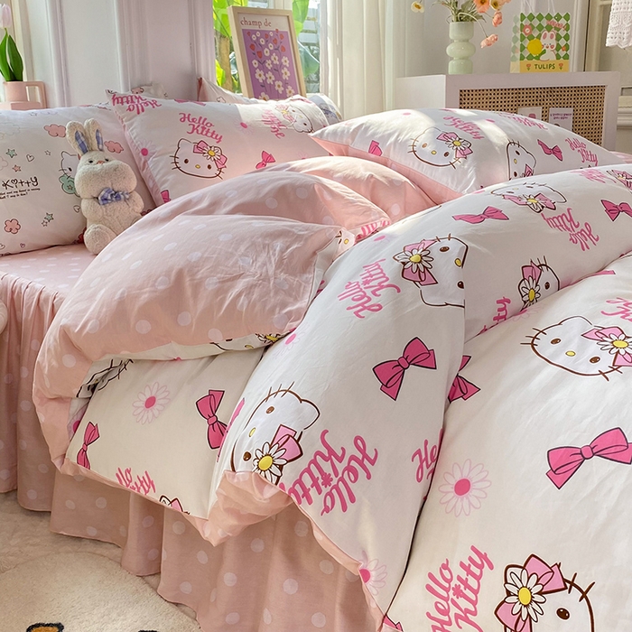 91家纺网 家纺一手货源 找家纺 （总）玉元坊 2025年5月新品三丽鸥全棉床单纯棉床裙床笠三四件套简约基础款式-凯蒂猫简约款式