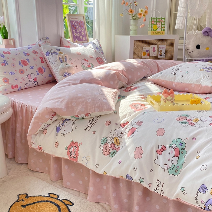 91家纺网 家纺一手货源 找家纺 玉元坊 2025年5月新品三丽鸥全棉床单纯棉床裙床笠三四件套简约基础款式-凯蒂猫简约款式 甜心kt【简约款】