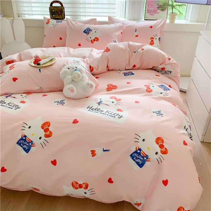 91家纺网 家纺一手货源 找家纺 玉元坊 2025年5月新品三丽鸥全棉床单纯棉床裙床笠三四件套简约基础款式-凯蒂猫简约款式 苹果凯蒂【简约款】