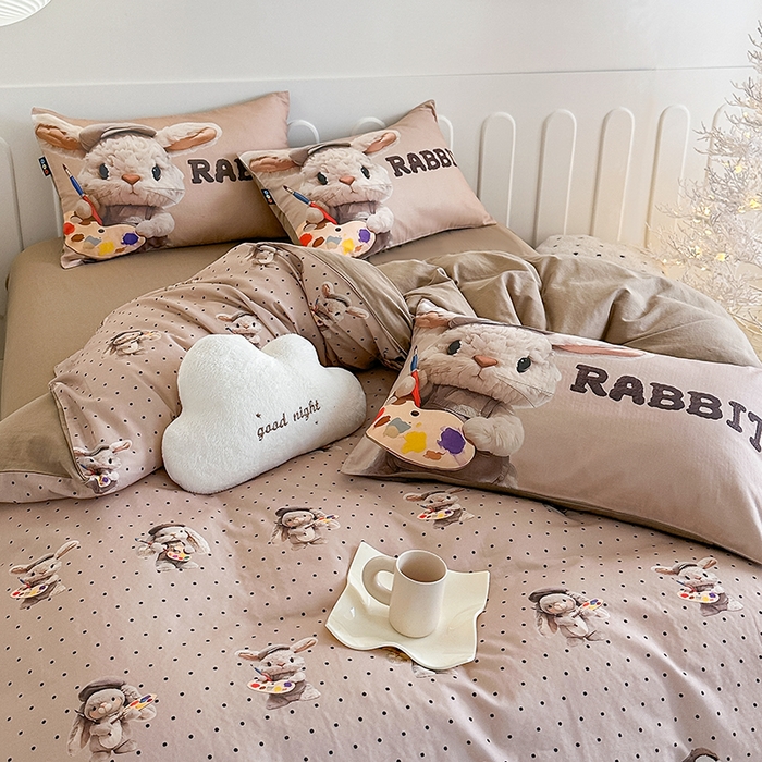 91家纺网 家纺一手货源 找家纺 RYB红黄兰 2025新款ins卡通5D立体数码全棉纯棉有氧双层纱四件套系列 巧克力兔兔