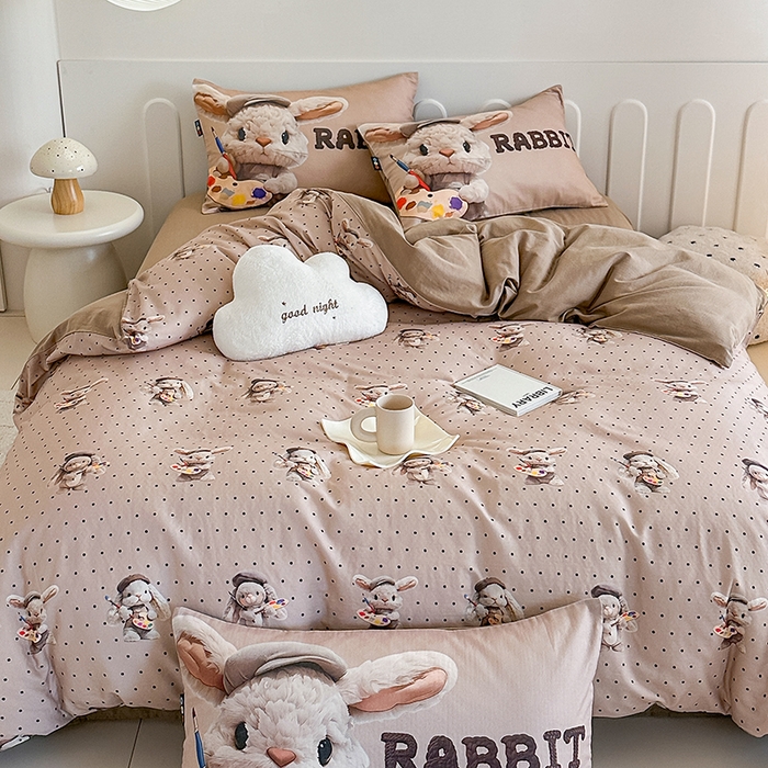 91家纺网 家纺一手货源 找家纺 RYB红黄兰 2025新款ins卡通5D立体数码全棉纯棉有氧双层纱四件套系列 巧克力兔兔