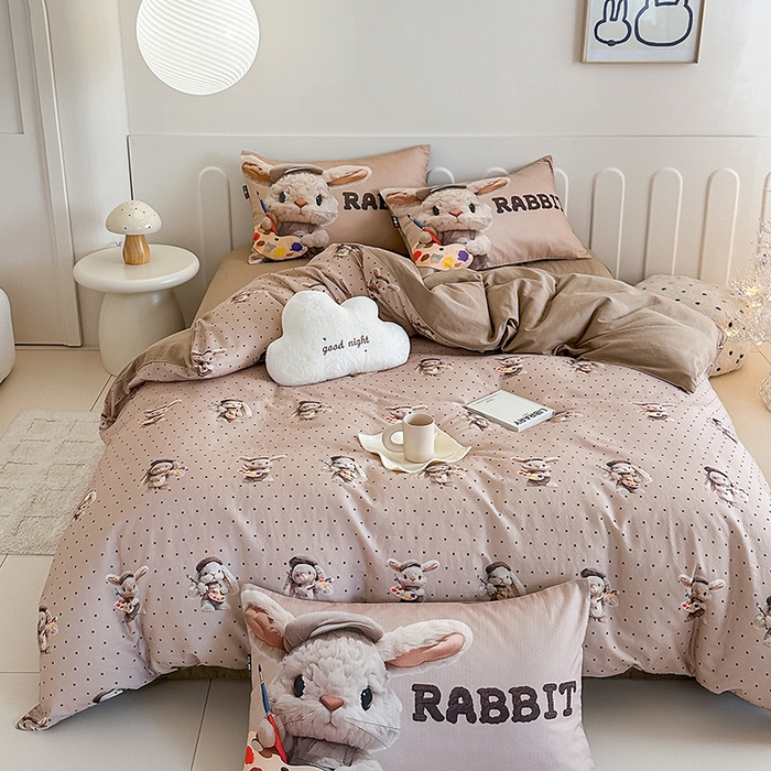 91家纺网 家纺一手货源 找家纺 RYB红黄兰 2025新款ins卡通5D立体数码全棉纯棉有氧双层纱四件套系列 巧克力兔兔