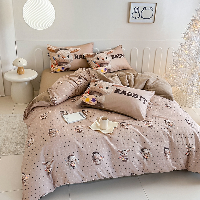 91家纺网 家纺一手货源 找家纺 RYB红黄兰 2025新款ins卡通5D立体数码全棉纯棉有氧双层纱四件套系列 巧克力兔兔