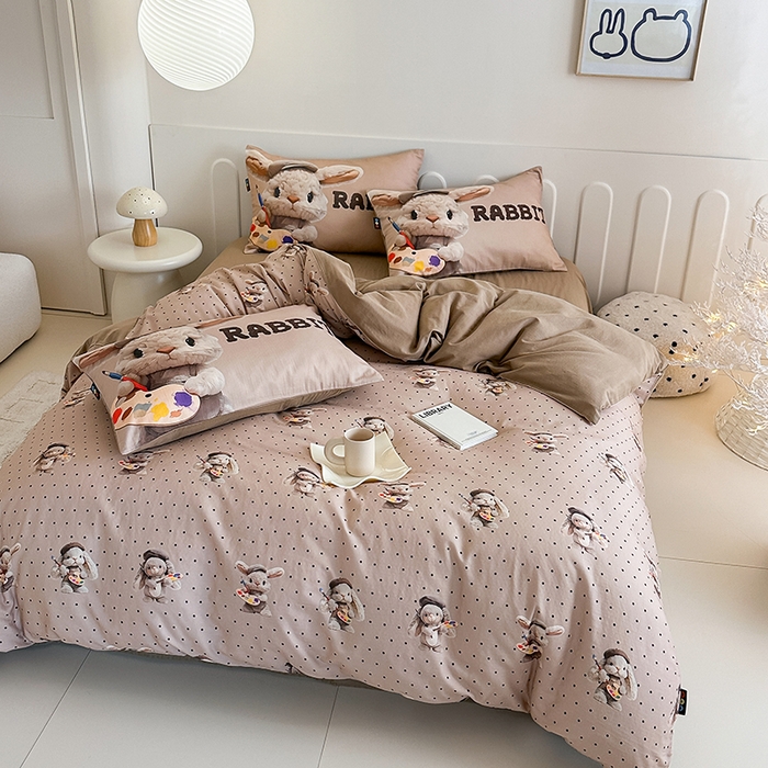 91家纺网 家纺一手货源 找家纺 RYB红黄兰 2025新款ins卡通5D立体数码全棉纯棉有氧双层纱四件套系列 巧克力兔兔