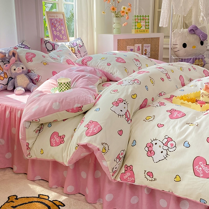 91家纺网 家纺一手货源 找家纺 玉元坊 2025年5月新品三丽鸥全棉床单纯棉床裙床笠三四件套简约基础款式-凯蒂猫简约款式 公主kt【简约款】