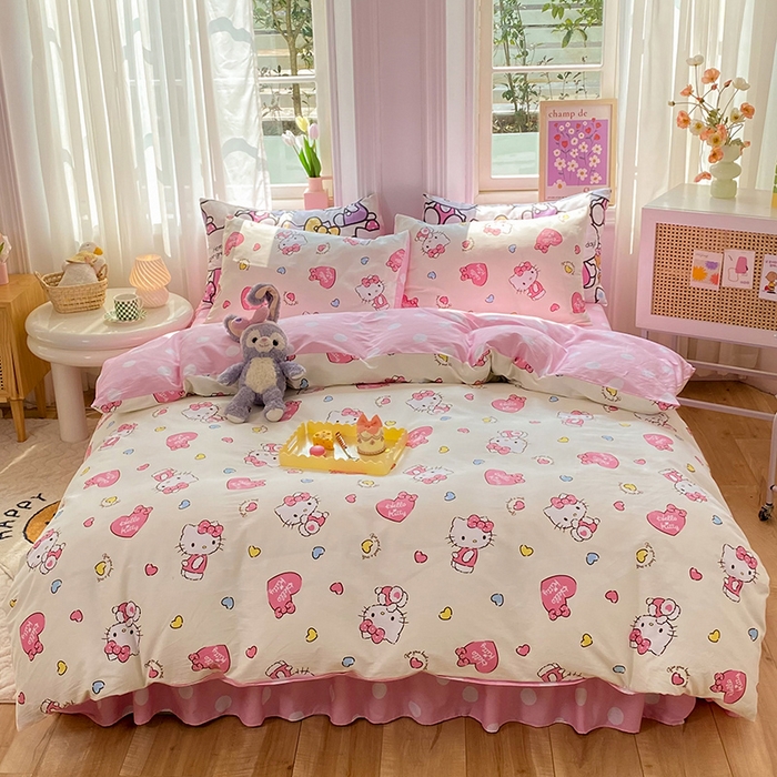 玉元坊 2025年5月新品三丽鸥全棉床单纯棉床裙床笠三四件套简约基础款式-凯蒂猫简约款式 公主kt【简约款】