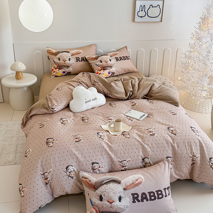 91家纺网 家纺一手货源 找家纺 RYB红黄兰 2025新款ins卡通5D立体数码全棉纯棉有氧双层纱四件套系列 巧克力兔兔