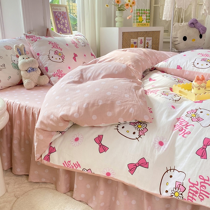 91家纺网 家纺一手货源 找家纺 玉元坊 2025年5月新品三丽鸥全棉床单纯棉床裙床笠三四件套简约基础款式-凯蒂猫简约款式 雏菊kt【简约款】