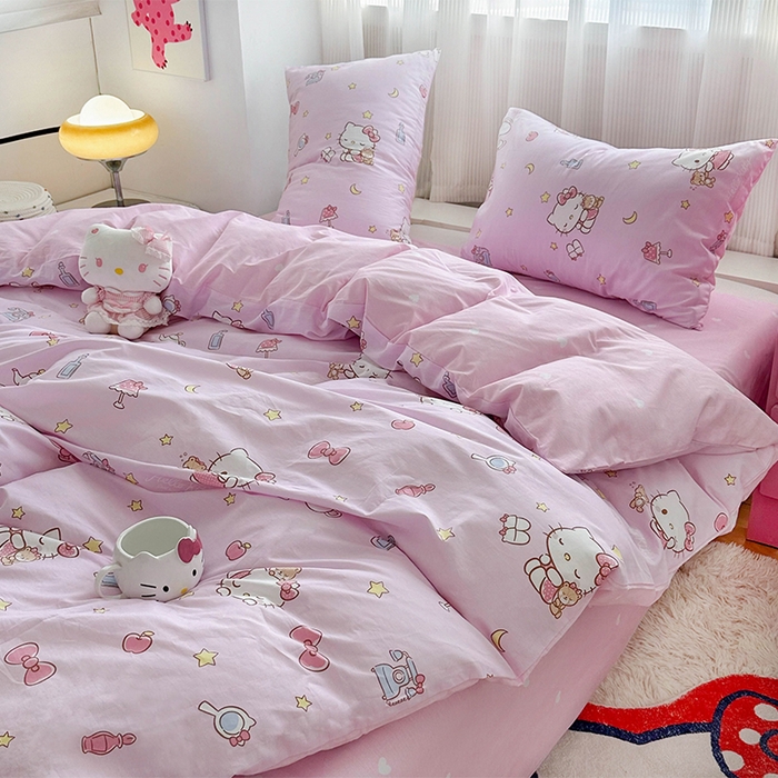 91家纺网 家纺一手货源 找家纺 玉元坊 2025年5月新品三丽鸥全棉床单纯棉床裙床笠三四件套简约基础款式-凯蒂猫简约款式 美美凯蒂【简约款】