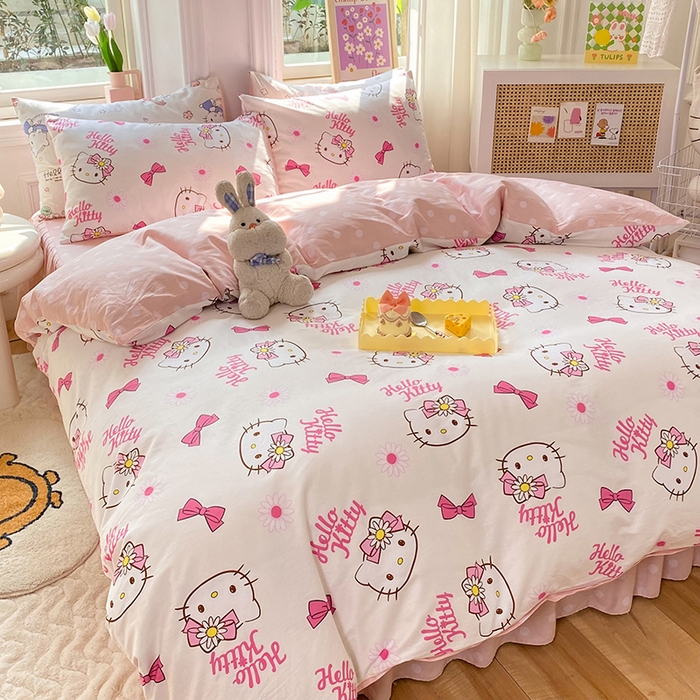 91家纺网 家纺一手货源 找家纺 玉元坊 2025年5月新品三丽鸥全棉床单纯棉床裙床笠三四件套简约基础款式-凯蒂猫简约款式 雏菊kt【简约款】