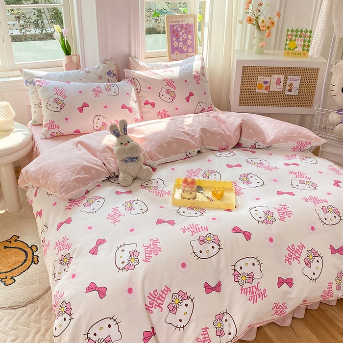 91家纺网 家纺一手货源 找家纺 玉元坊 2025年5月新品三丽鸥全棉床单纯棉床裙床笠三四件套简约基础款式-凯蒂猫简约款式 雏菊kt【简约款】