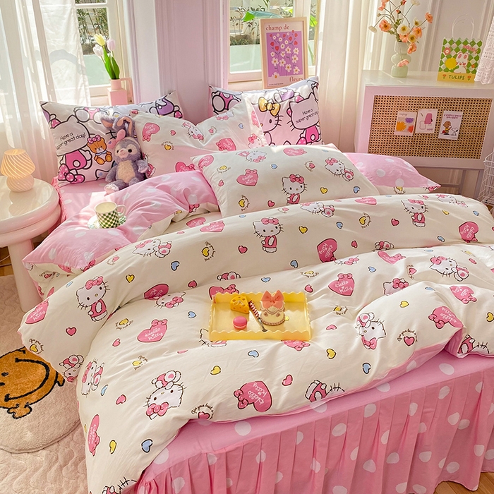 91家纺网 家纺一手货源 找家纺 玉元坊 2025年5月新品三丽鸥全棉床单纯棉床裙床笠三四件套简约基础款式-凯蒂猫简约款式 公主kt【简约款】