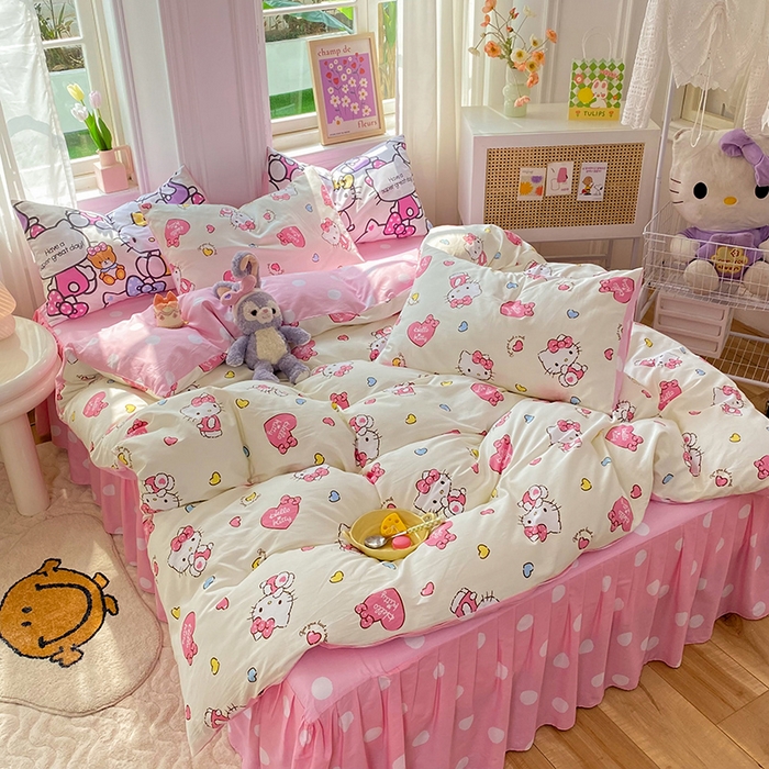 91家纺网 家纺一手货源 找家纺 玉元坊 2025年5月新品三丽鸥全棉床单纯棉床裙床笠三四件套简约基础款式-凯蒂猫简约款式 公主kt【简约款】