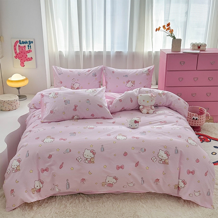 玉元坊 2025年5月新品三丽鸥全棉床单纯棉床裙床笠三四件套简约基础款式-凯蒂猫简约款式 美美凯蒂【简约款】