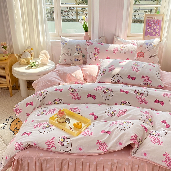 91家纺网 家纺一手货源 找家纺 玉元坊 2025年5月新品三丽鸥全棉床单纯棉床裙床笠三四件套简约基础款式-凯蒂猫简约款式 雏菊kt【简约款】