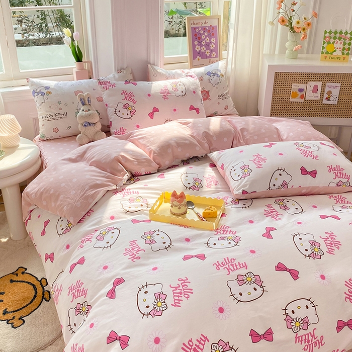 91家纺网 家纺一手货源 找家纺 玉元坊 2025年5月新品三丽鸥全棉床单纯棉床裙床笠三四件套简约基础款式-凯蒂猫简约款式 雏菊kt【简约款】