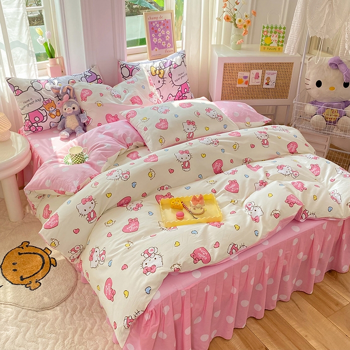 91家纺网 家纺一手货源 找家纺 玉元坊 2025年5月新品三丽鸥全棉床单纯棉床裙床笠三四件套简约基础款式-凯蒂猫简约款式 公主kt【简约款】